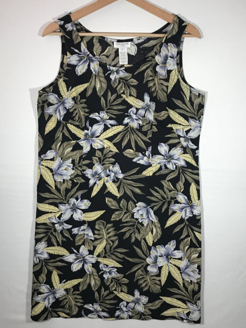 Jones New York Sport Women's 10 Black Linen Floral Hawaiian Sleeveless Dress